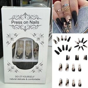 Black & Gold Press On Nails Butterfly and Rhinestones